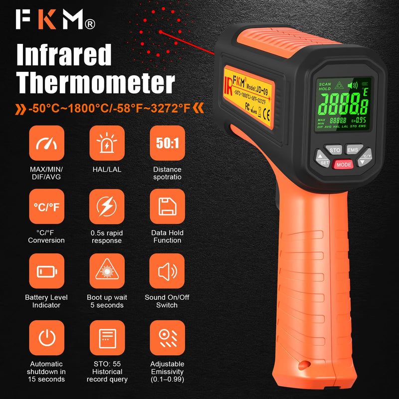 50:1-58°F ~3272°F FKM Infrared Thermometer High Temperature Gun,Non Contact Digital IR Temp Gun,High Precision Laser Thermometer Gun for Cooking,Kilns,Forges,Engine,HVAC,Industrial and Home Repair Orange