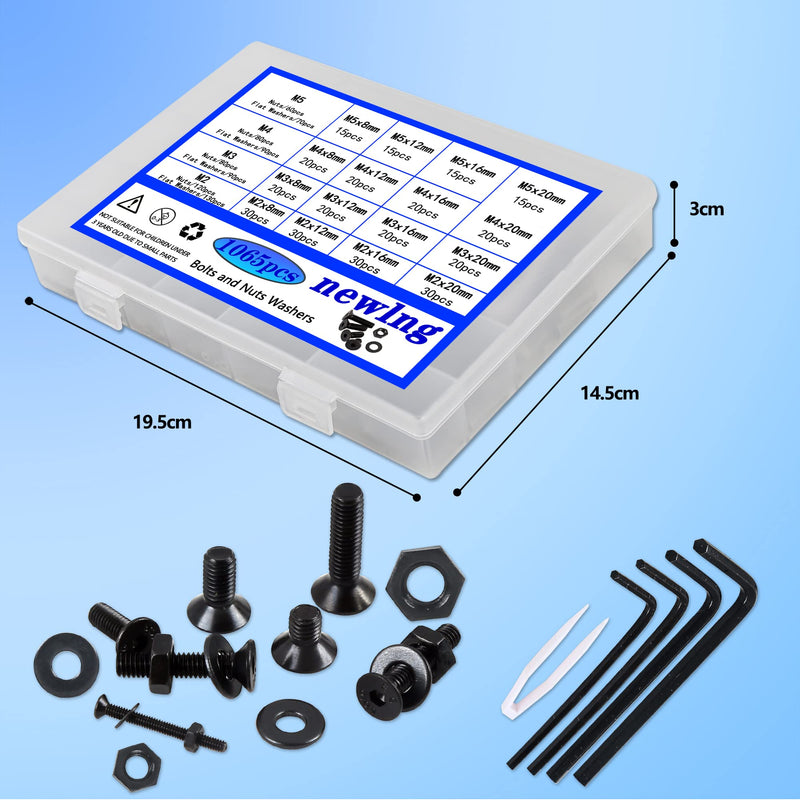 [Australia - AusPower] - newlng M2 M3 M4 M5 Socket Head Screws Set Carbon Steel Black Flat Head Hexagon Bolts and Nuts Washers Set 1065pcs Countersunk Head Screw & Bolt Assortment Sets with Spanner for Home Industrial M2345-3 