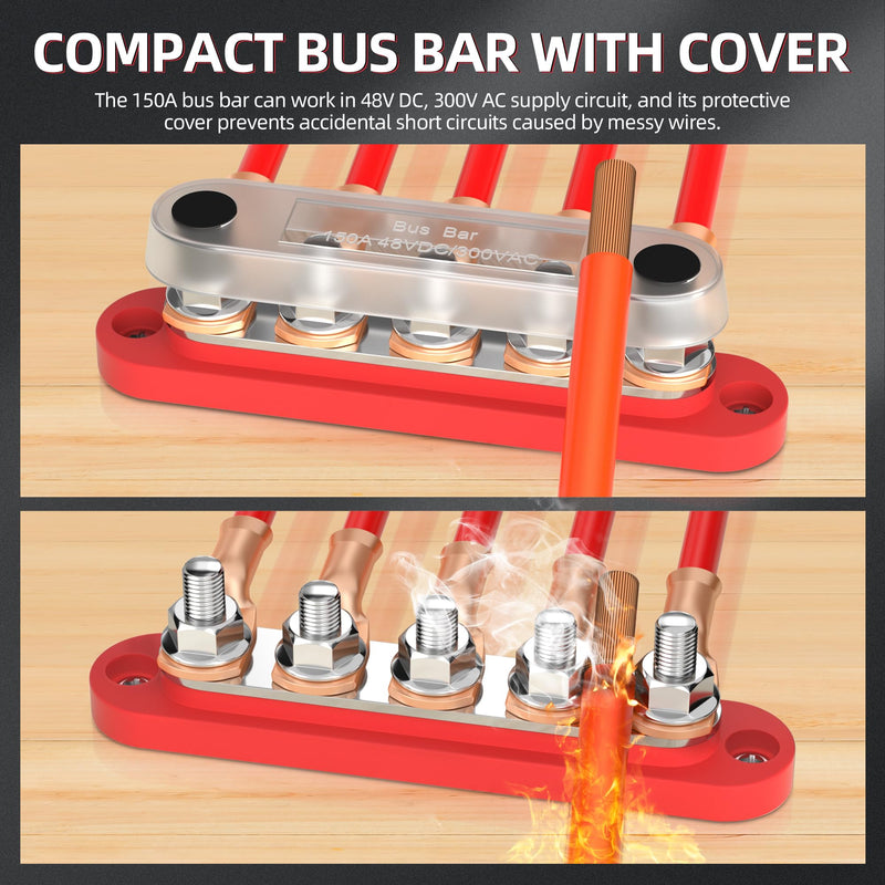 [Australia - AusPower] - DaierTek Power Distribution Block with Cover Mini 5 x 1/4" Studs Bus Bar Terminal Block Max 150A 48V DC 300V AC Positive & Negative for Automotive Car Marine 5M6 