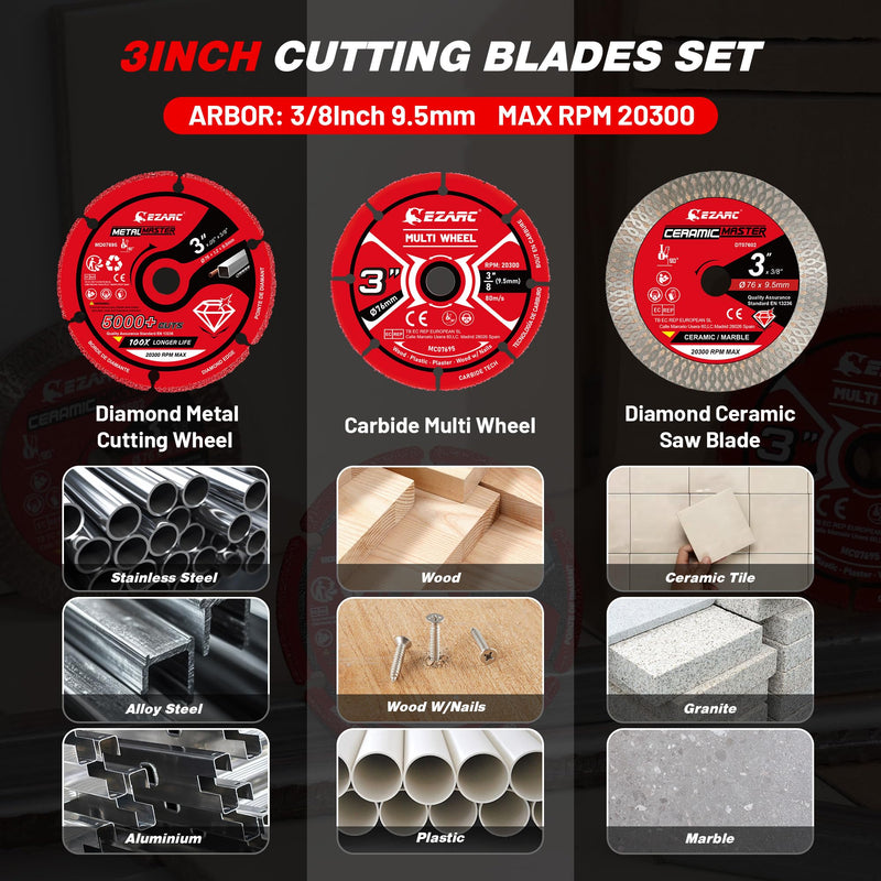 EZARC 3 Inch Cut Off Wheel Set for Angle Grinder, 3 Pack with Diamond Metal Cutting Wheel, Carbide Cutting Disc, Super Thin Diamond Tile Blade, Cut for Metal, Wood, Plastic, Marble Tile, 3/8" Arbor