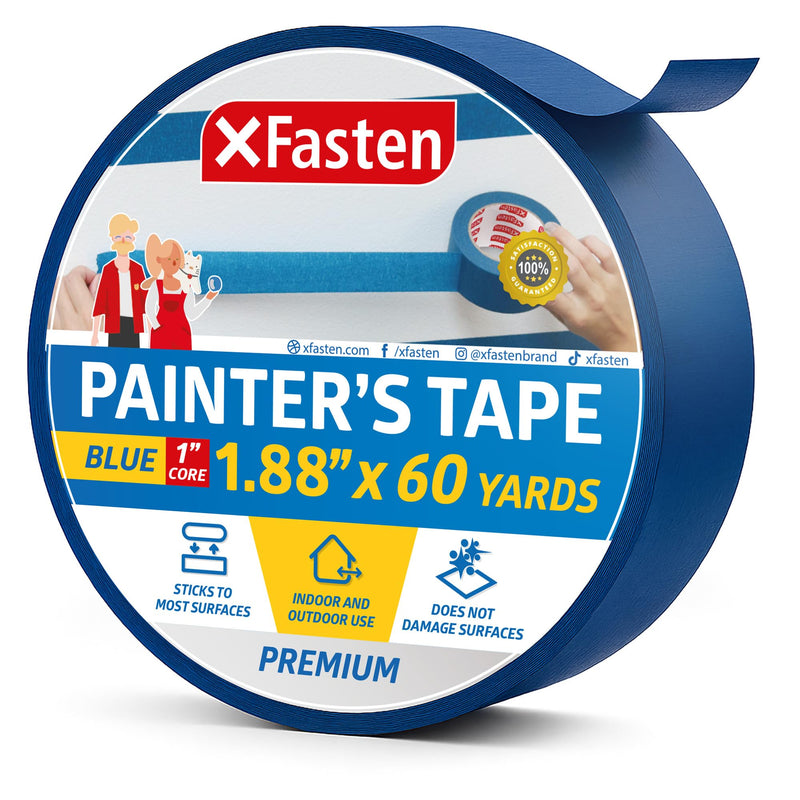XFasten Blue Painters Tape 1.88 Inch x 60-Yards 1" Core, Wall Safe Masking Tape, Blue Paint Tape for Walls Painters Masking Tape Best Painting Supplies 1.88 Inch x 60 Yards (1-Pack)