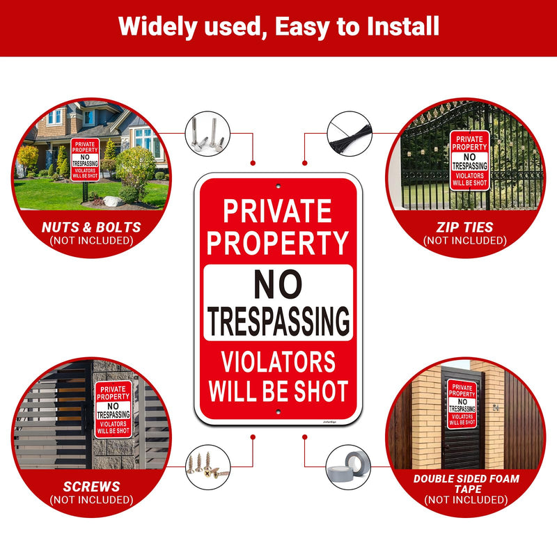 2 Pack Large Private Property No Trespassing Sign, Violators Will Be Shot Sign, 18"x12" Engineer Grade Rust Free Reflective Aluminum, Fade/Weather Resistant, UV Protected, Easy to Install Red-18"x12"