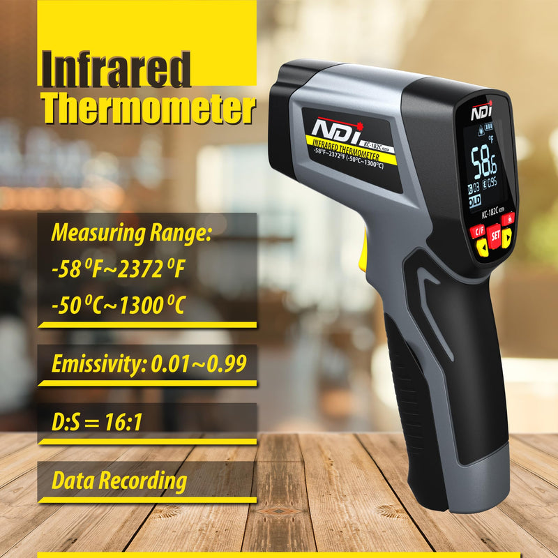 [Australia - AusPower] - NDI High-Precision Infrared Thermometer Temperature Gun, -58℉ to +2372℉, Multi-Purpose for Cooking, Steel Smelting, Automotive Engine Repair, HVAC IRT Gun with Adjustable Emissivity 