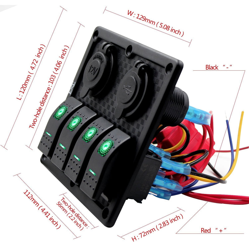 FXC Waterproof Marine Boat Rocker Switch Panel 4 Gang with Dual USB Slot Socket + Cigarette Lighter LED Light for Car Rv Vehicles Truck (4 Gang Green Light)