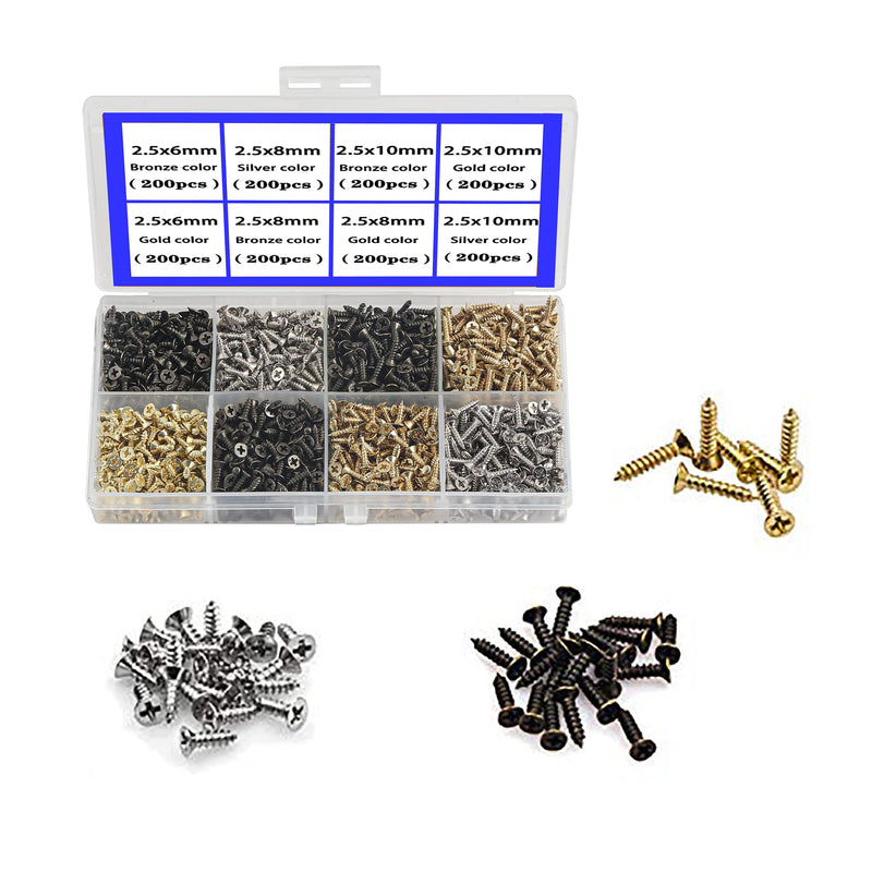 [Australia - AusPower] - newlng 1600pcs 2.5MM Small Screws Phillips Flat Head Cross Self Tapping Tiny Screw Cabinet Electronic Accessories Multifunctional DIY Micro Woodworking Mini Screw Set Gold Black Silver C 