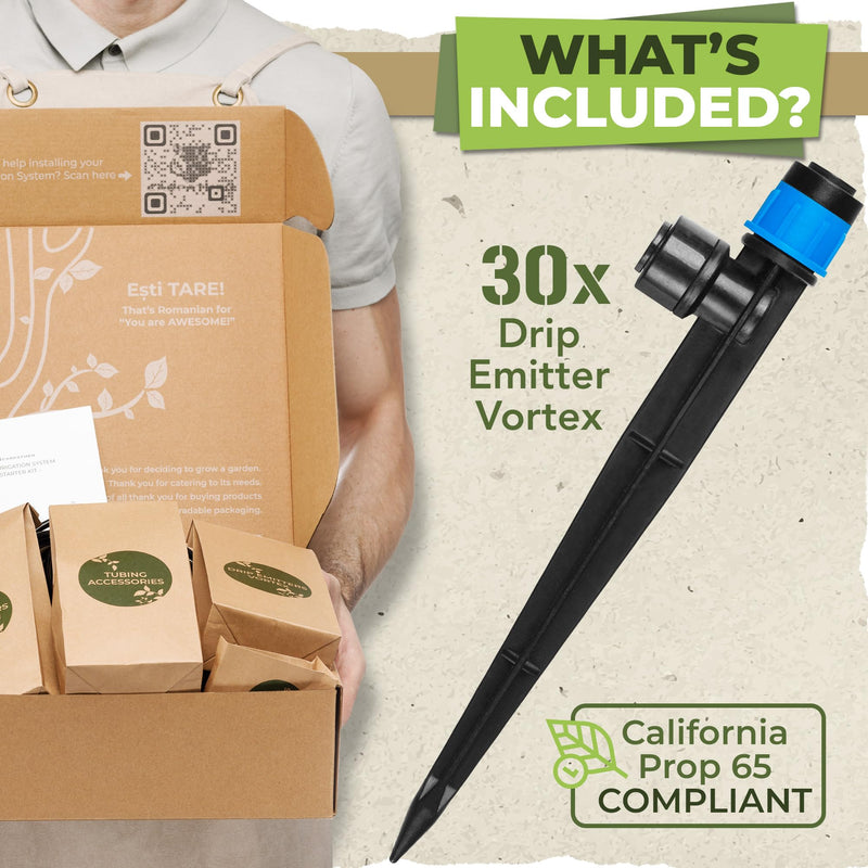[Australia - AusPower] - Carpathen 30pcs Drip Irrigation Emitters - 1/4" Drip Irrigation System Push-to-Connect - Adjustable 360 Degree Drip Emitters Vortex on 6" Sturdy Stake - Irrigation Drippers for Garden Watering System 30 Vortex Push-To-Connect Emitters 