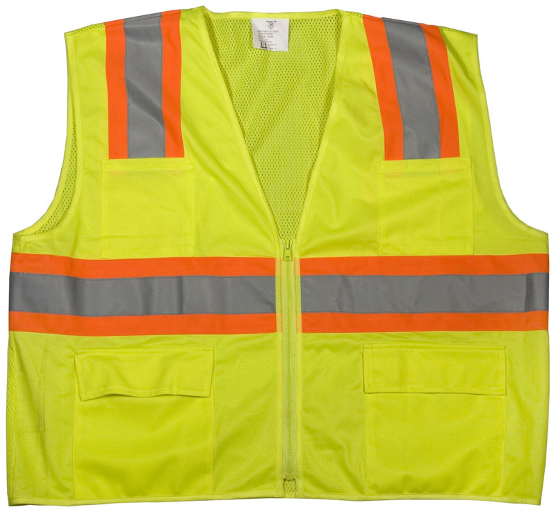 Mutual High Visibility Polyester ANSI Class 2 Surveyor Safety Vest with Pouch Pockets and 4" Silver/Orange Reflective Tape 4X-Large Lime