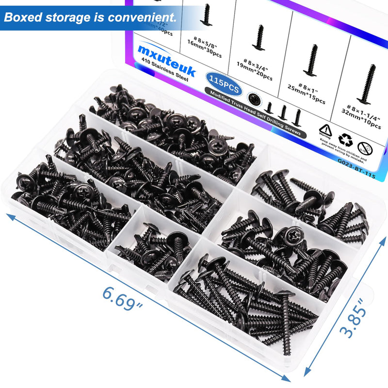 [Australia - AusPower] - mxuteuk #8 x 1/2'' to 1-1/4" Black Self Tapping Screws Modified Truss Head 410 Stainless Steel Self Tapping Screws for Metal(115PCS) 
