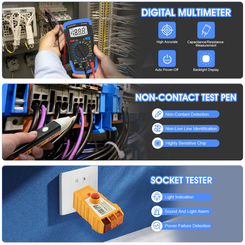 [Australia - AusPower] - Electrical Test Kit, 2000pF~200μF Capacitor Tester, Outlet Tester, Non-Contact Test Pen with Multi-Function Circuit Detection, Manual Range, Back Light, Auto Off for Electrician, DIY & HVAC 4070L-Set 