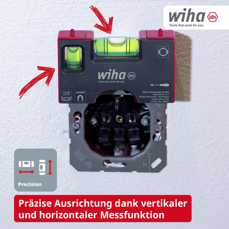 Wiha Mini Spirit Level Pocket I 10 cm with Magnet I Suitable for Bag | (46957) Electrician Tool for Socket I Horizontal 4-Ring Level + Vertical Level for Precise Alignment