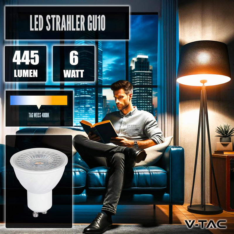 V-TAC 3 x LED Light Bulbs GU10-6 W (Equivalent to 60 W) - 445 Lumens - Chip Samsung - Maximum Efficiency and Energy Saving - GU10 Spot LED Bulbs - Light 6500 K Cool White - Pack of 3 Cold White