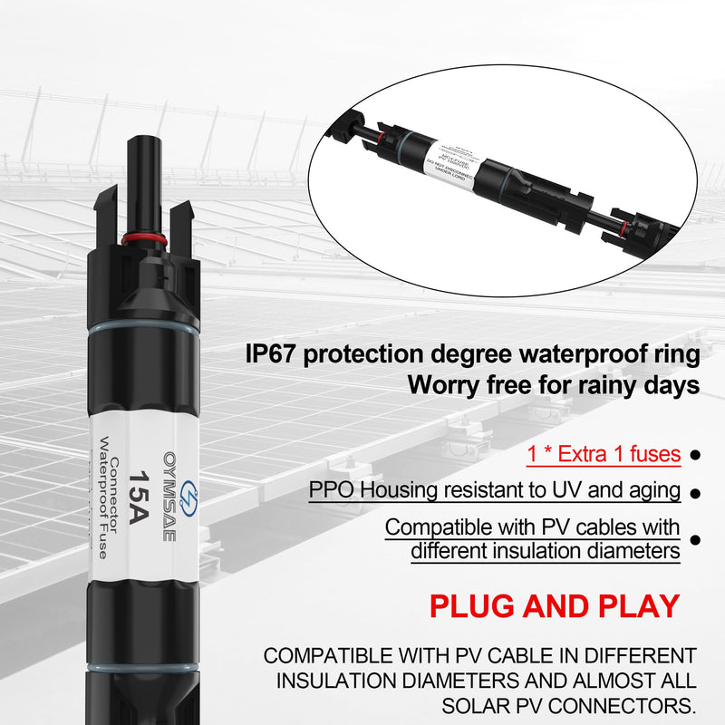 OYMSAE Solar Fuse Holder Inline Male & Female Connector 15 Amp PV Fuse for Solar Panel, Waterproof, Black,5PCS 15A-5PACK