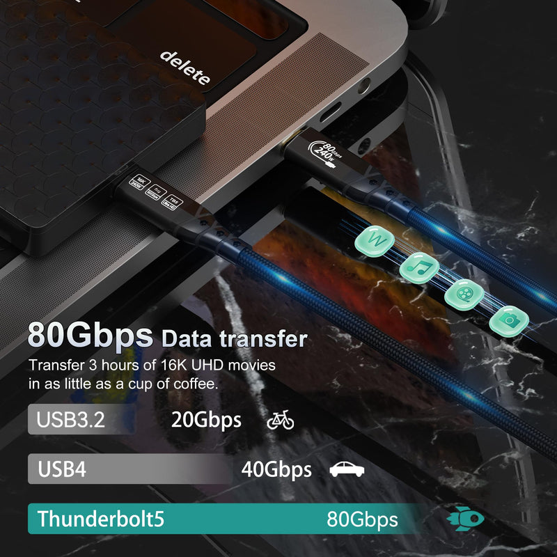 ZIKNYDO 16K for Thunderbolt 5 Cable 6.6FT/2m, USB C 80Gbps Data Transfer, 120Gbps Bandwidth for 16K/Dual 8K Displays, PD3.1 240W Charging for Thunderbolt 4, MacBook M4, eGPU, Mac mini M4 Pro, Monitor 6.6FT*1