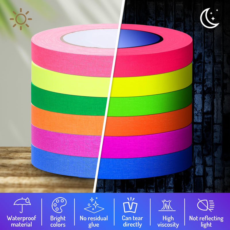 Whaline 6 Colors Neon Gaffer Cloth Tape Fluorescent Rainbow Color UV Blacklight Tapes Neon Duct Reflective Tapes for Party Supplies (0.6 Inch x 120 Ft) 0.6 inch x 120 feet
