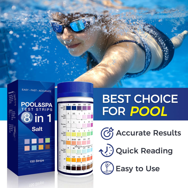 [Australia - AusPower] - 8 in 1 Pool Test Strips, 150 Strips Professional Water Test Kits for Hot tub & Spa, Accurate Test Bromine, Total Alkalinity, PH, Free Chlorine, Total Hardness, Total Chlorine, Cyanuric Acid and Salt 8 in 1 Pool Test Strips 