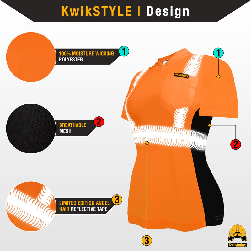 KwikSafety - Charlotte, NC - Vixen Hi Vis Short Sleeve Safety Shirt for Women [Angel Hair Reflective Tape] Large Orange