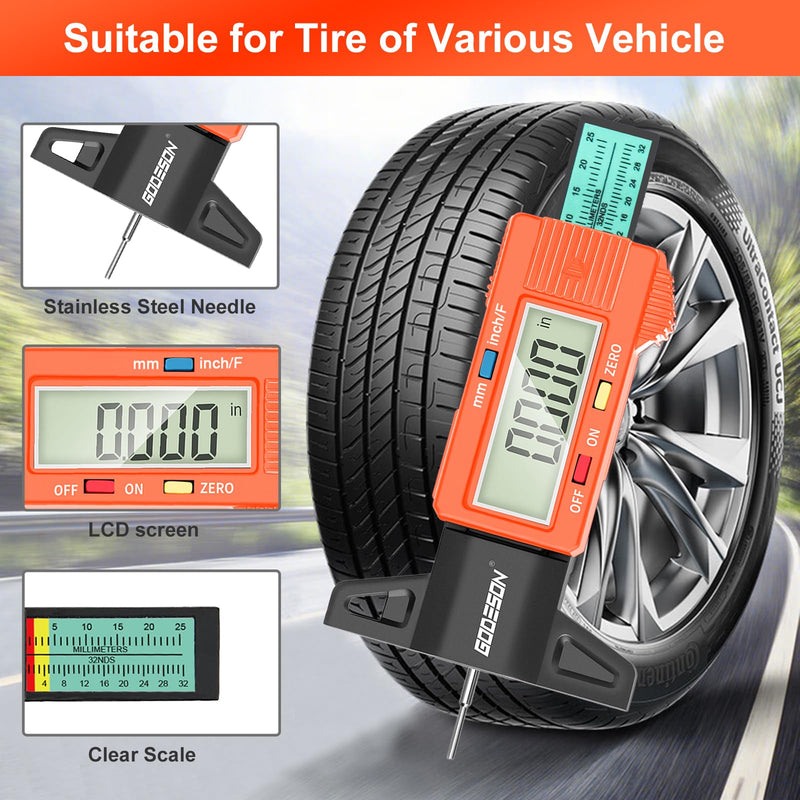 [Australia - AusPower] - GODESON Tire Tread Depth Gauge, Digital Tire Tread Depth Gauge with 3 Modes-Fractional Inch,Tire Tread Gauge with Color-Coded Bar,Tire Depth Gauge Suitable for All Vehicle Tires-Orange Orange 