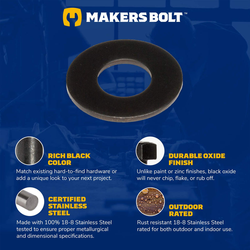[Australia - AusPower] - 18-8 Stainless Steel 1/4" Flat Washers (100 pcs) Black Oxidized in USA by Makers Bolt 1/4" (.281ID X .625OD X .050TH) 
