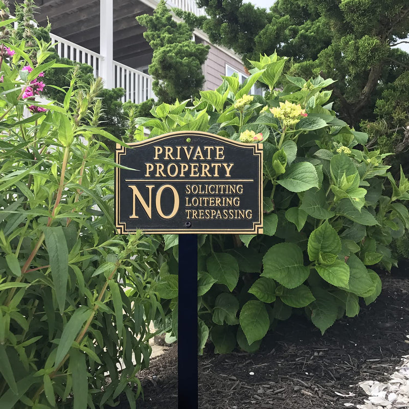 SmartSign Private Property Sign for Yard, No Soliciting Loitering Trespassing Garden Plaque | 5.75" x 9.5" Aluminum Plaque with 18" Black Lawn Stake, Made in USA Private Property - No Soliciting