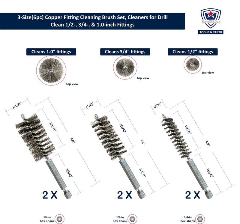 [Australia - AusPower] - 3-Size[6pc] Fitting Cleaning Brush Set (1/2, 3/4, 1.0-inch) Copper Pipe Cleaner for Power Drill, Stainless-Steel Wire Bore Brush, Metal Tube Brushes, Prep Copper/Bronze/Brass Fittings for Soldering 