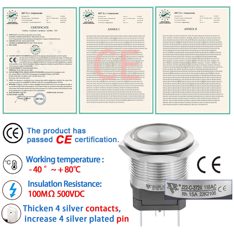[Australia - AusPower] - 22mm Push Button Switch 15A 110V/120v Latching 2NO DPST Angel Eye LED Stainless Steel Round Self-Locking 7/8'' with Wire Socket Blue Latching 120V 