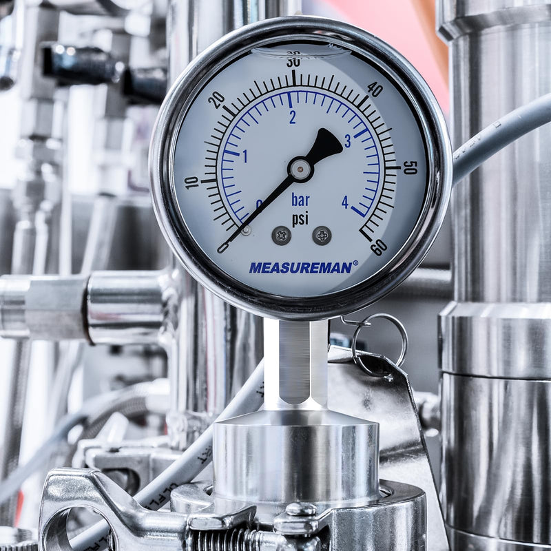 [Australia - AusPower] - MEASUREMAN Stainless Steel Sanitary Pressure Gauge, 2.5” Dial, 0-60 PSI, Glycerin-Filled for Accuracy, 1.5” Tri Clamp Bottom Mount for Food, Dairy, and Pharmaceutical Applications 0-60 psi/bar 