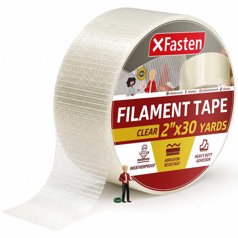 XFasten Filament Duct Tape, Transparent, 2 Inches x 30 Yards, Extreme Fiberglass Reinforced Cross Strapping Tape 1 Pack (Single Roll)