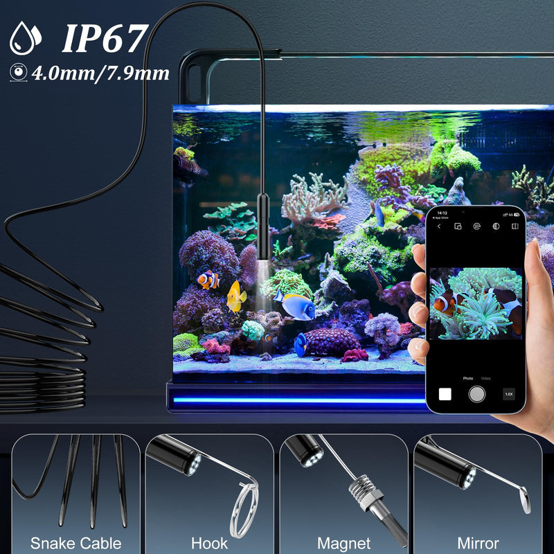 [Australia - AusPower] - Endoscope Camera with Light, 1920P HD Borescope Camera with 8 Adjustable LED Lights, 16.4ft Semi-Rigid Snake Camera with Light, IP67 Waterproof 7.9mm Inspection Camera for iOS and Android 