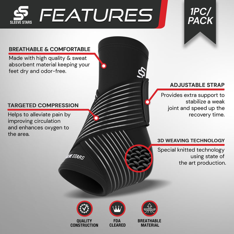[Australia - AusPower] - Sleeve Stars Ankle Brace for Sprained Ankle, Plantar Fasciitis Relief Achilles Tendonitis Brace, Ankle Support for Women & Men with Strap, Heel Protector Wrap for Pain & Compression (Single/Black) One Size Black 1 