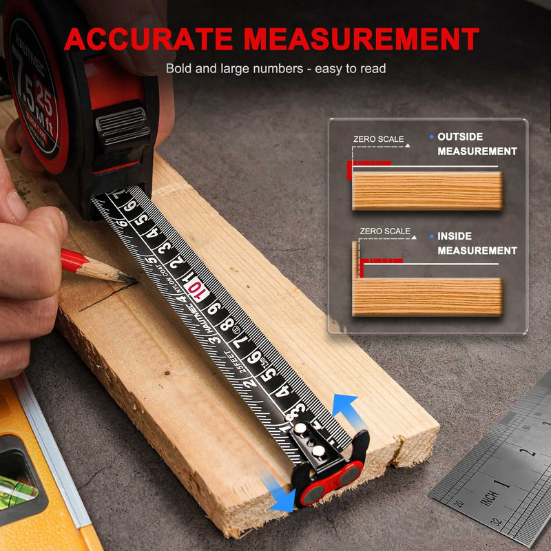 HAUTMEC Tape Measure25ft with Magnetic Hook and Dual Lock, High Carbon Steel Blade Measuring Tape with Clear Imperial Metric Scales for Construction Contractors HT0253 Pro 25ft
