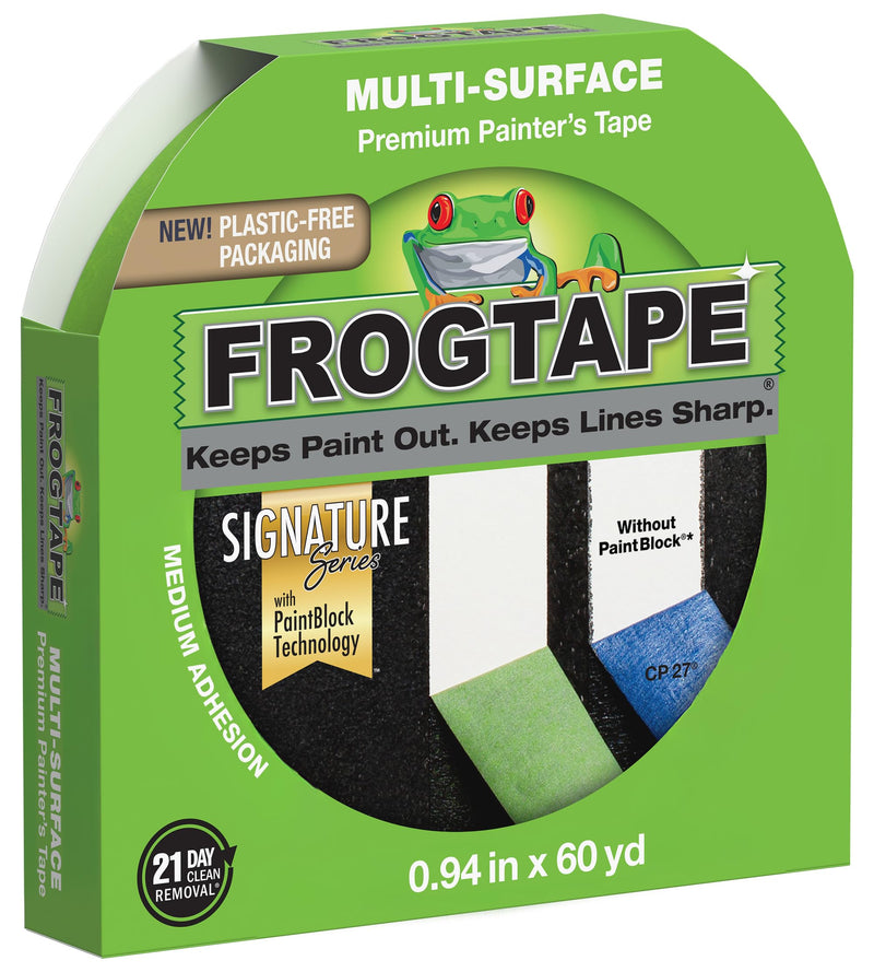 FrogTape Multi-Surface Painter's Tape with PAINTBLOCK, 1 in Wide (0.94 in x 60 yd), Quick Stick Medium Adhesion, Premium Green Painters Tape Removes Clean, 1 Roll 1 Roll, 0.94" x 60 Yds