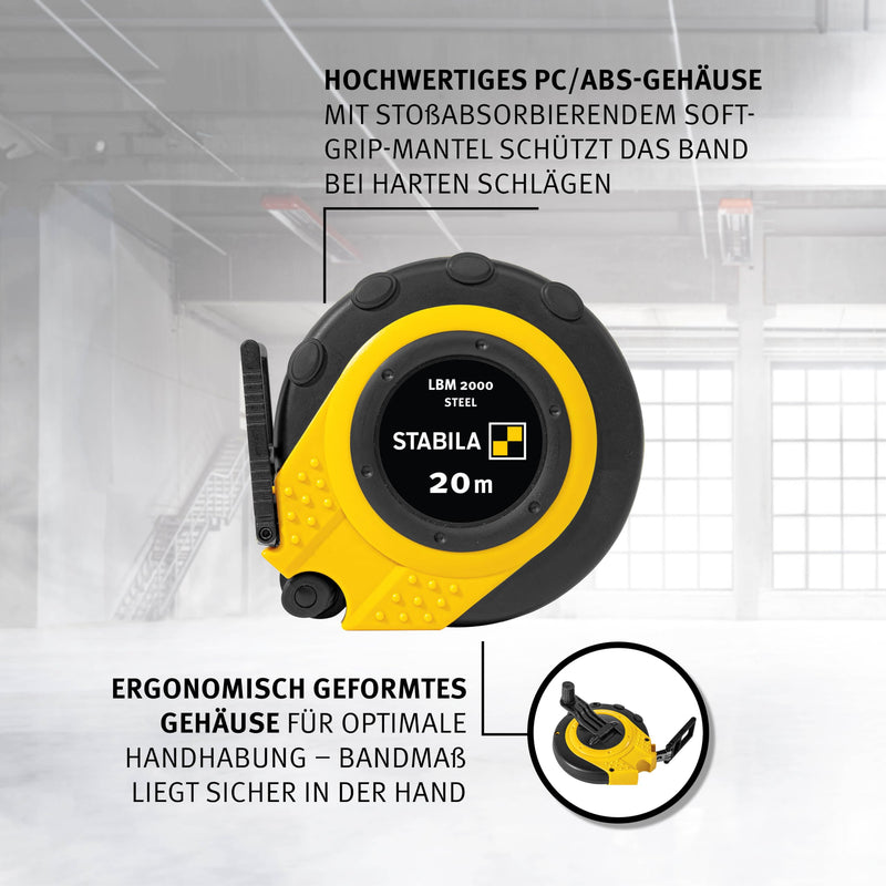 Stabila Capsule Tape Measure LBM 2000 Steel, 20 m, Steel Measuring Tape with Metric Scale and Nylon Wrap Coating, Universal Hook, Shatterproof Capsule, MID Accuracy LBM2000 ST20 Black Yellow