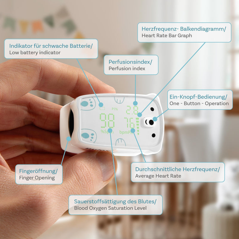 Pulox PO-235 Children's Pulse Oximeter for SpO2, Pulse Rate & PI with Alarm | For measuring oxygen saturation, pulse and perfusion index, child-friendly design for little fingers