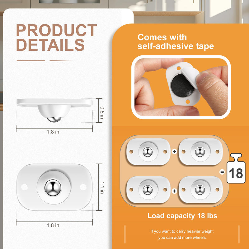 [Australia - AusPower] - 8PCS Self Adhesive Caster Wheels, Appliance Slider, 360° Rotating Mini Universal Appliance Rollers for Kitchen, Air Fryers, Coffee Makers, Trash Can, Storage Boxes and Small Furniture 