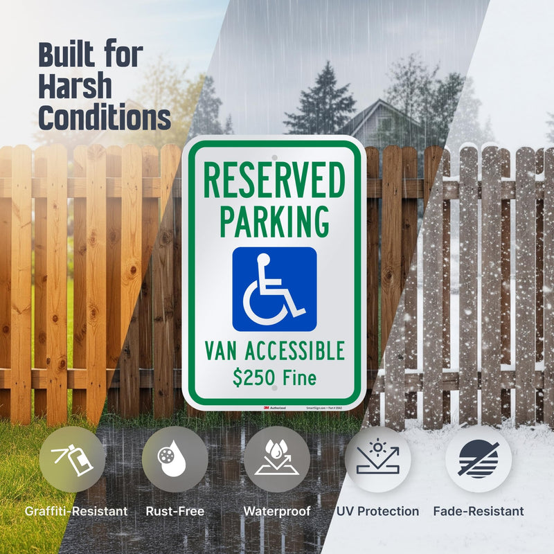 SmartSign "Reserved Parking - Van Accessible, $250 Fine" Handicap Parking Sign | 12" x 18" 3M Engineer Grade Reflective Aluminum 12" x 18" EG Reflective Aluminum - $250 Fine