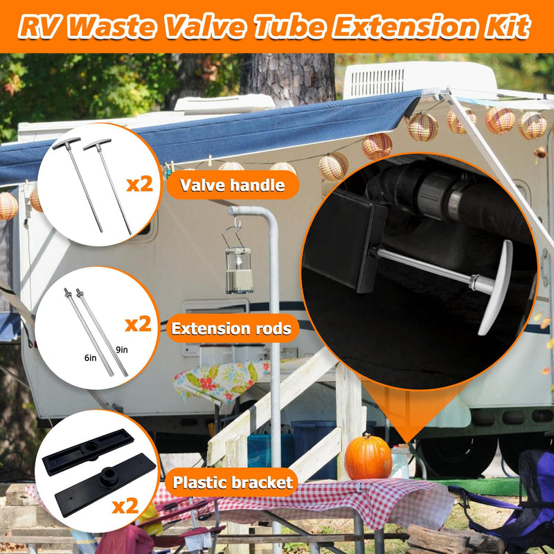 2 RV Universal Fit Waste Valve Tube Extension Kit for Camper Trailer, RV Camper Dump Valve Handle Includes Handle and Tube Extension