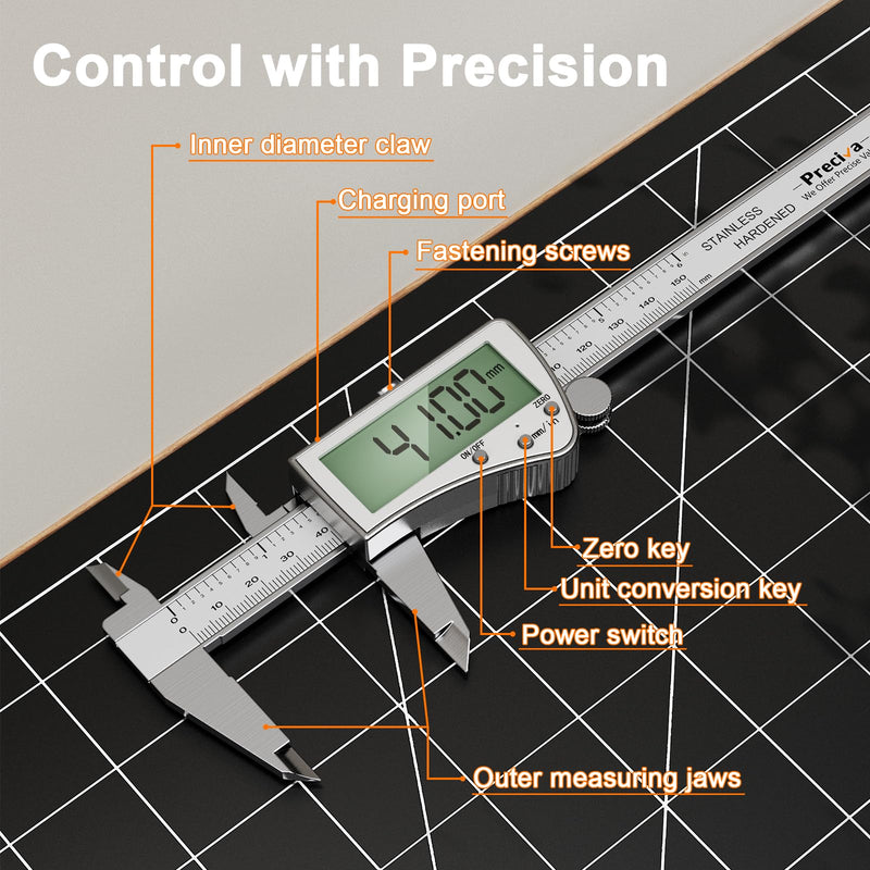 Preciva 150 mm Digital Calliper, Digital Calliper, Stainless Steel, Rechargeable, IP54, Waterproof, Electronic Calliper with Large LCD Display for Industrial, Electrical, Automotive, Crafters