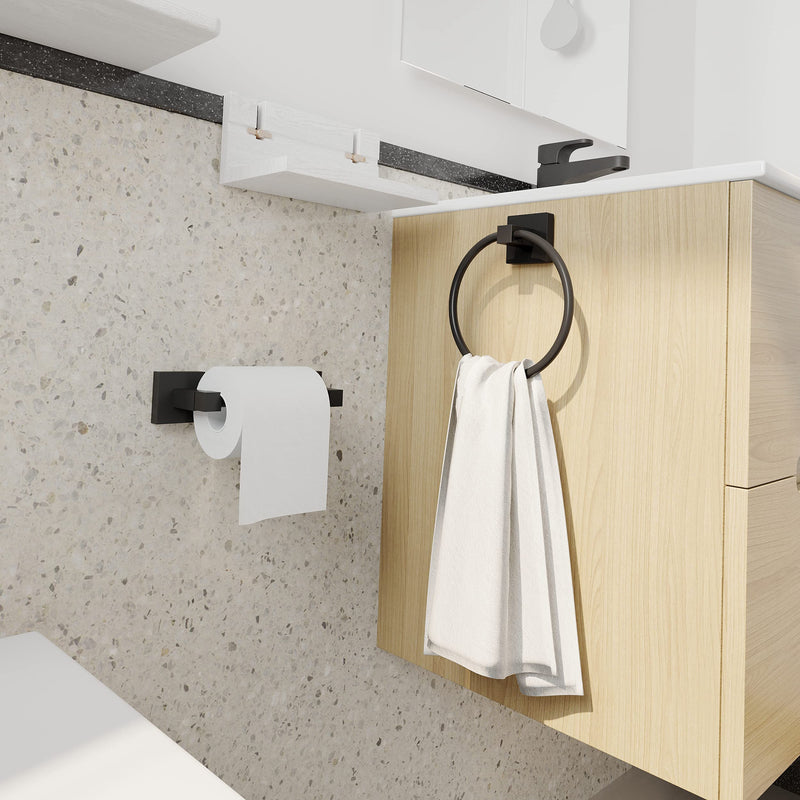 Ruacq Matte Black Toilet Paper Holder Towel Ring Bathroom Accessories Hardware Set Double Post Pivoting Toilet Roll Holder Square Stainless Steel and Zinc Alloy Modern Wall Mounted 2 Pieces 2pcs