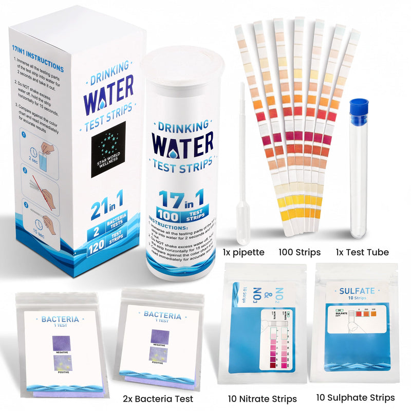 21-in-1 Drinking Water Test Kit – 120 Water Test Strips + 2 Bacteria Tests | Home Tap & Well Water Quality Testing for Lead, pH, Hardness, Chlorine, Nitrate, Iron & More