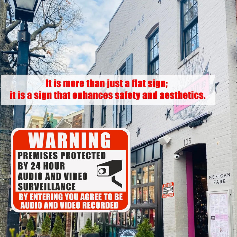 4PC Warning Premises Protected By 24 Hour Audio And Video Surveillance, 10 x 7 Inches - Aluminum - You are Being Recorded Camera In Use Monitoring Signs, Easy to Mount Red 4PC