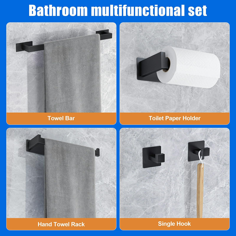 Self-Adhesive Bathroom Hardware Set 5 Pieces, Matte Black Stainless Steel Towel Bar Set, Includes 24Inch Single Rod, Towel bar,Toilet Paper Holder, Single Hook, Bathroom Towel Rack Set (Matte Black)