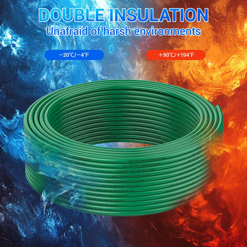 THHN Wire 10 Gauge 50FT, UL83 THHN/THWN-2 10 AWG Cable Stranded Copper with Nylon Jacket and PVC Insulation Building Wires for Residential, Ground, CNC, Panel Wiring, Circuit, Control(600V, Green)