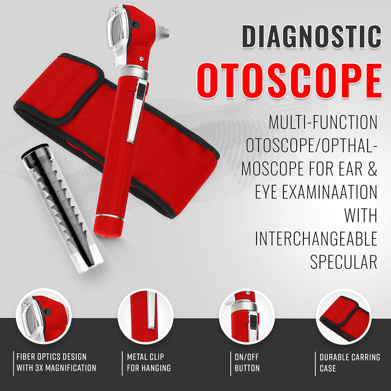 ASA TECHMED Nurse Essentials Professional Kit with Handheld Travel Case | 3 Part Kit Includes Adult Aneroid Sphygmomanometer Blood Pressure Monitor, Stethoscope, Diagnostic Otoscope (Red) Red
