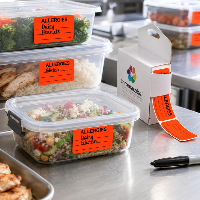 ChromaLabel Food Allergy Stickers, 1" x 2-1/4" Write-in Allergy Labels, 250 Fluorescent Red Allergen Warning Stickers in Ready-to-Hang Dispenser Box for Restaurants, Schools and Daycare 1" x 2-1/4"
