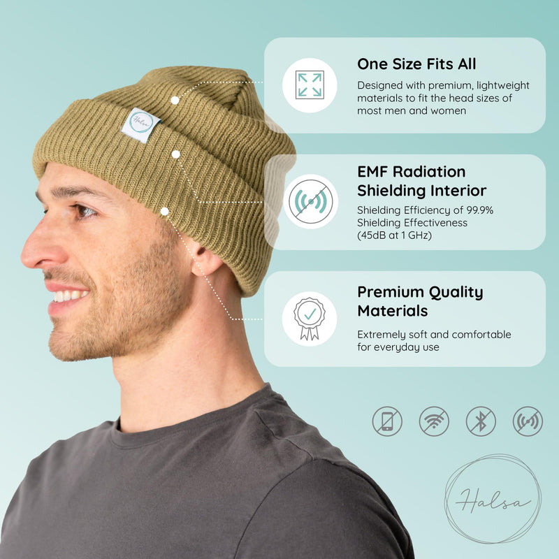 Halsa EMF Protection Hat, Knit Beanie for Men and Women, Silver Fiber Fabric Lined, One Size Fits Most Khaki