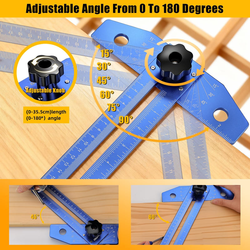 GRENPRO Woodworking Scriber Marking Line Ruler with Carpenter Pencil & Metal Ruler, Adjustable Aluminum Alloy Sliding T-Square Ruler, Measuring Angle Finder with Adjustment Scale,Drawing Aid Rule tool Blue