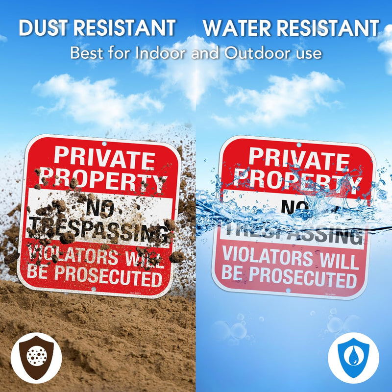 T&R Large (4 Pack) Private Property No Trespassing Sign - 12 x 12 Inches .040 Aluminum - 2 Pre-Drilled Holes - UV Protected, Waterproof and Fade Resistant RED - 12" x 12" - 4 Pack
