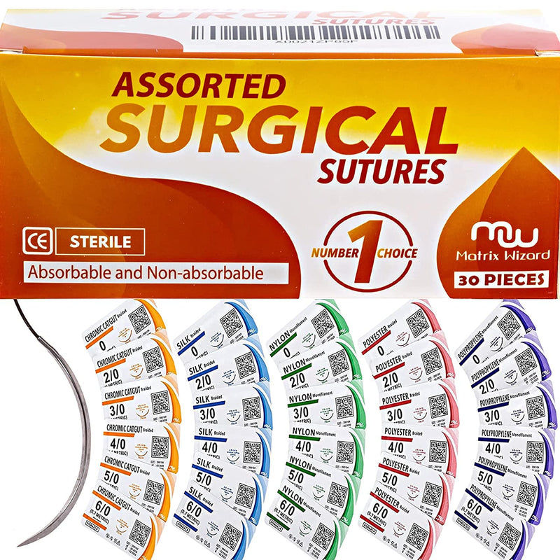 [Australia - AusPower] - Sutures Thread with Needle (30PK Mix Absorbable: Chromic; Non-Absorbable: Silk, Nylon, Polyester, Polypropylene: 0,2-0,3-0,4-0,5-0,6-0) - Surgical Stitch Kit; Medical, Vet, RN's Hospital Training 