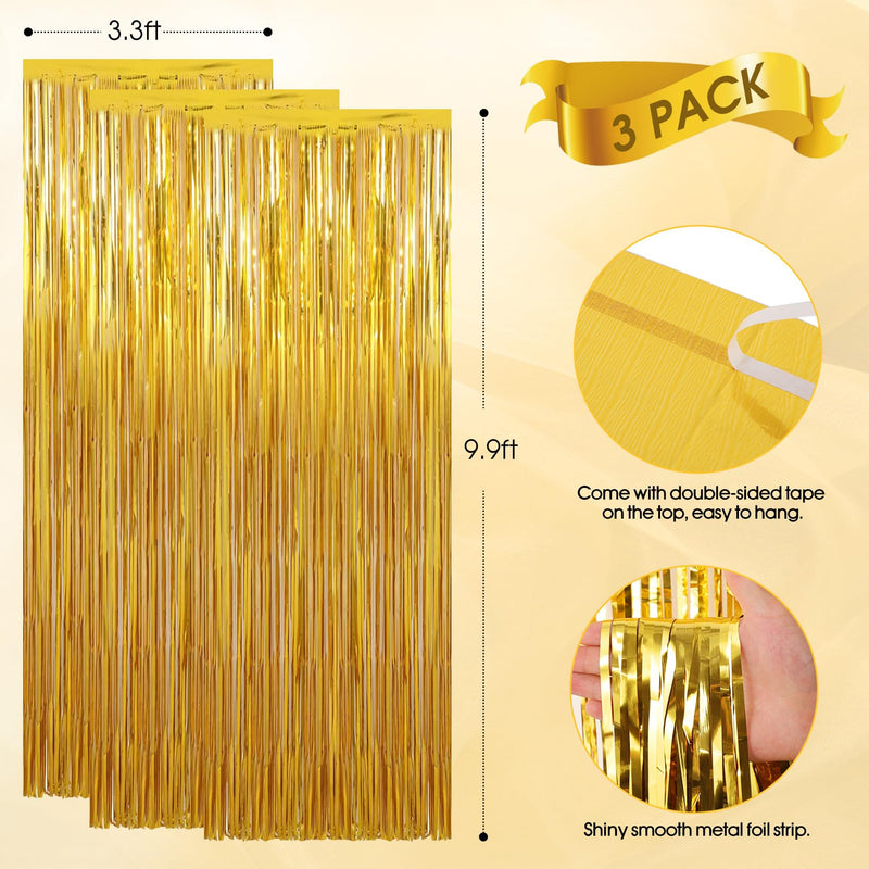 [Australia - AusPower] - Birthday Party Decorations: 3 Pack 3.3 x 9.9 ft Gold Foil Fringe Curtains Party Supplies, Tinsel Curtain Backdrop for Parties/Birthday/Photo Booth 