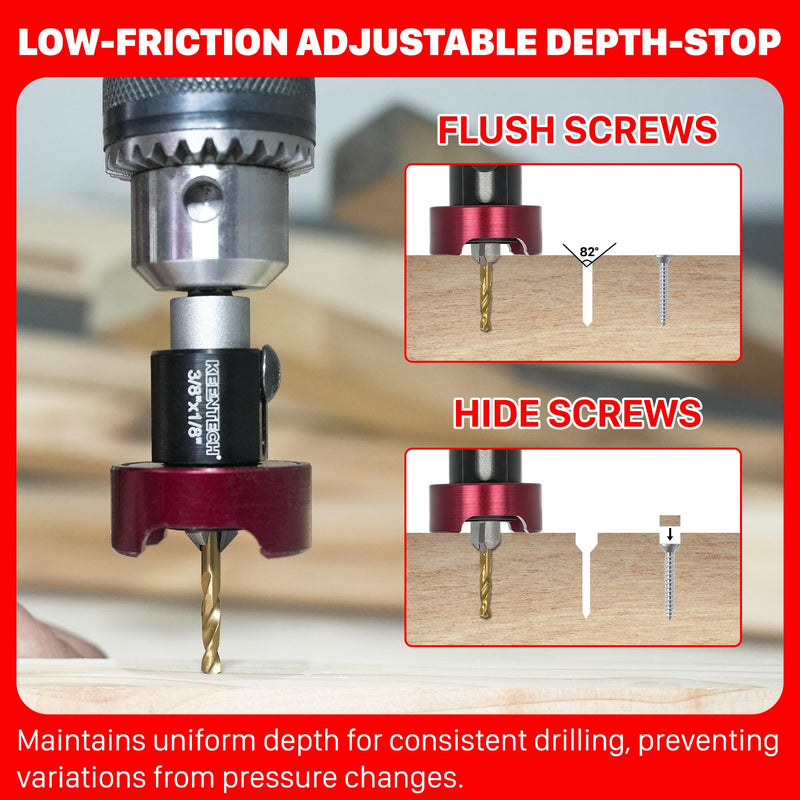 KEENTECH Carbide Tipped 82° Countersink Drill Bit with Depth Stop, 3/8" Dia x 5/32" Drill Diameter x 1/4" Shank, Adjustable Depth Stop with Ball Bearing 3/8" * 5/32"